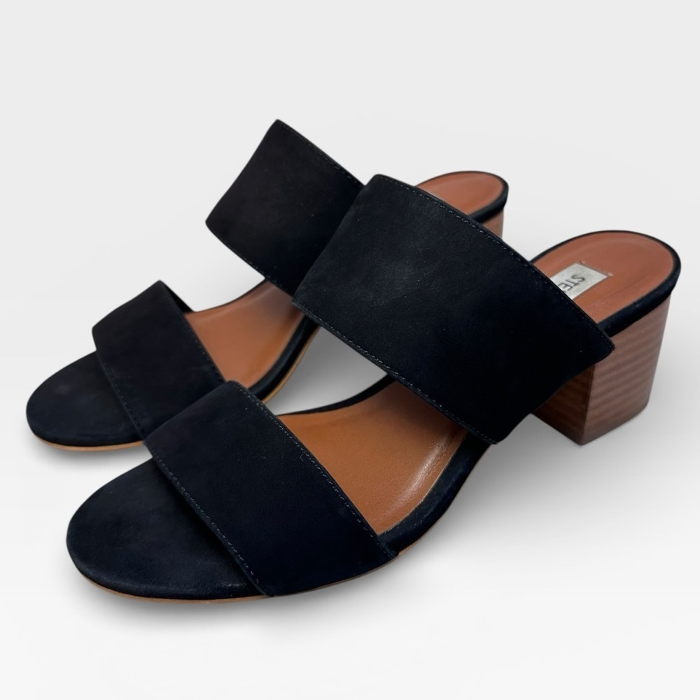 Steve Madden Ilena Suede Leather Strap Black Mules with Wooden Heel Size 6